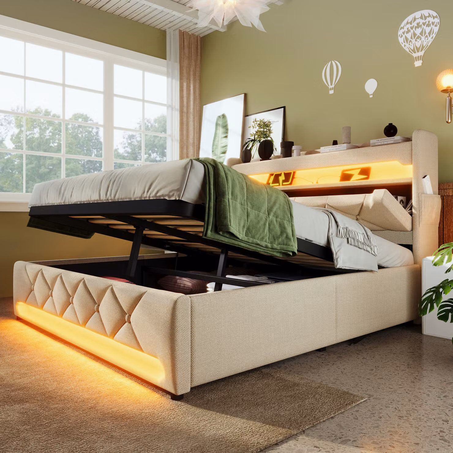 Abrihome Letto imbottito 140x200cm con porta USB e tipo C, letto contenitore per ragazzi con LED, letti con contenitore idraulico, lino, beige (senza materasso)