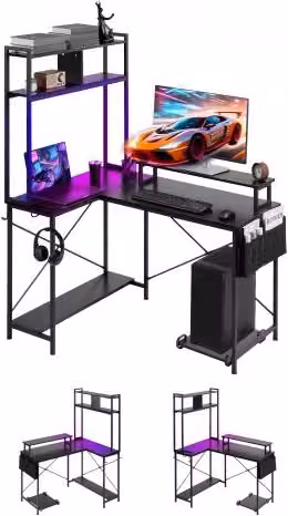 VEVOR Scrivania da Gaming a Forma di L Reversibile con Ripiani e Supporto CPU, Colore Nero, L/P/H: 120 x 90 x 160 cm