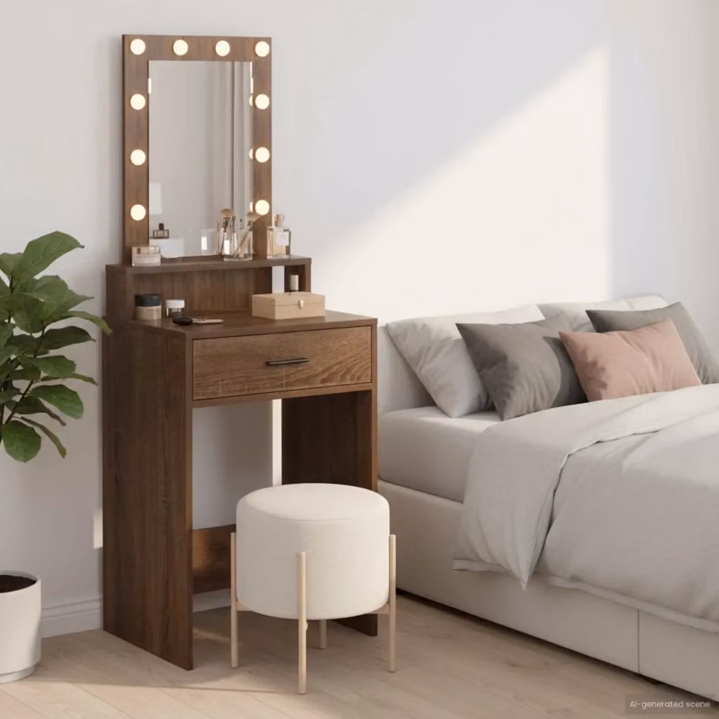 Toeletta moderna con specchio LED in legno marrone L: 50 cm, P: 41 cm, H: 140 cm – 2
