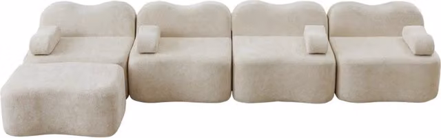Divano modulare angolare a 4 posti con pouf, schiuma ad alta densità 32D, rivestimento in morbido velluto beige