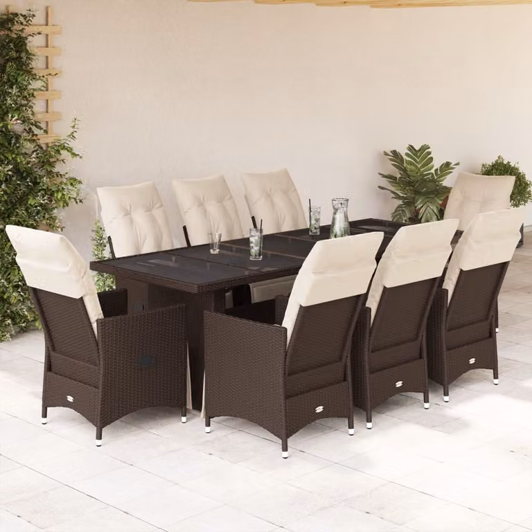 Set Bistrò da Giardino e Balcone vidaXL 9 pz in Polyrattan Marrone con Cuscini e Piano in Vetro