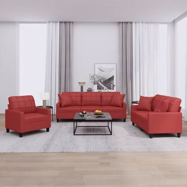 Set di divani 3 pezzi vidaXL in similpelle rossa con cuscini per soggiorno moderno – 1