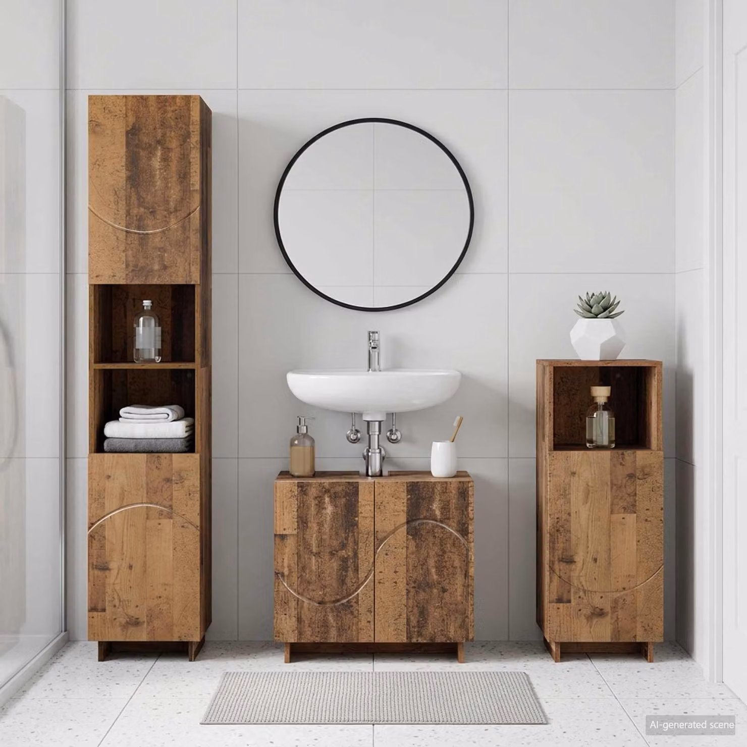 Set di mobili da bagno moderno vidaXL in legno marrone composto da 3 pezzi con base lavabo, colonna alta e pensile