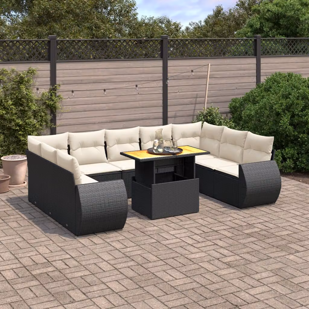 vidaXL Set Divani da Giardino a L 10 Pezzi con Cuscini e Tavolino, Polyrattan Nero e Acciaio Verniciato a Polvere – 1