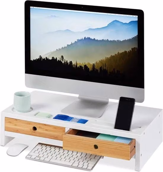 Sostegno per monitor in bambù con 2 slot per laptop e computer, colore bianco, L: 60 cm, P: 30 cm, H: 14 cm