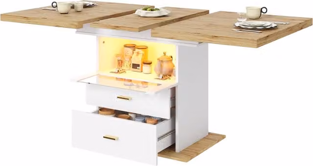 Tavolo da pranzo allungabile per 2-6 persone con 2 cassetti e vano vetrina LED, MDF bianco, 110 × 80 × 75 cm
