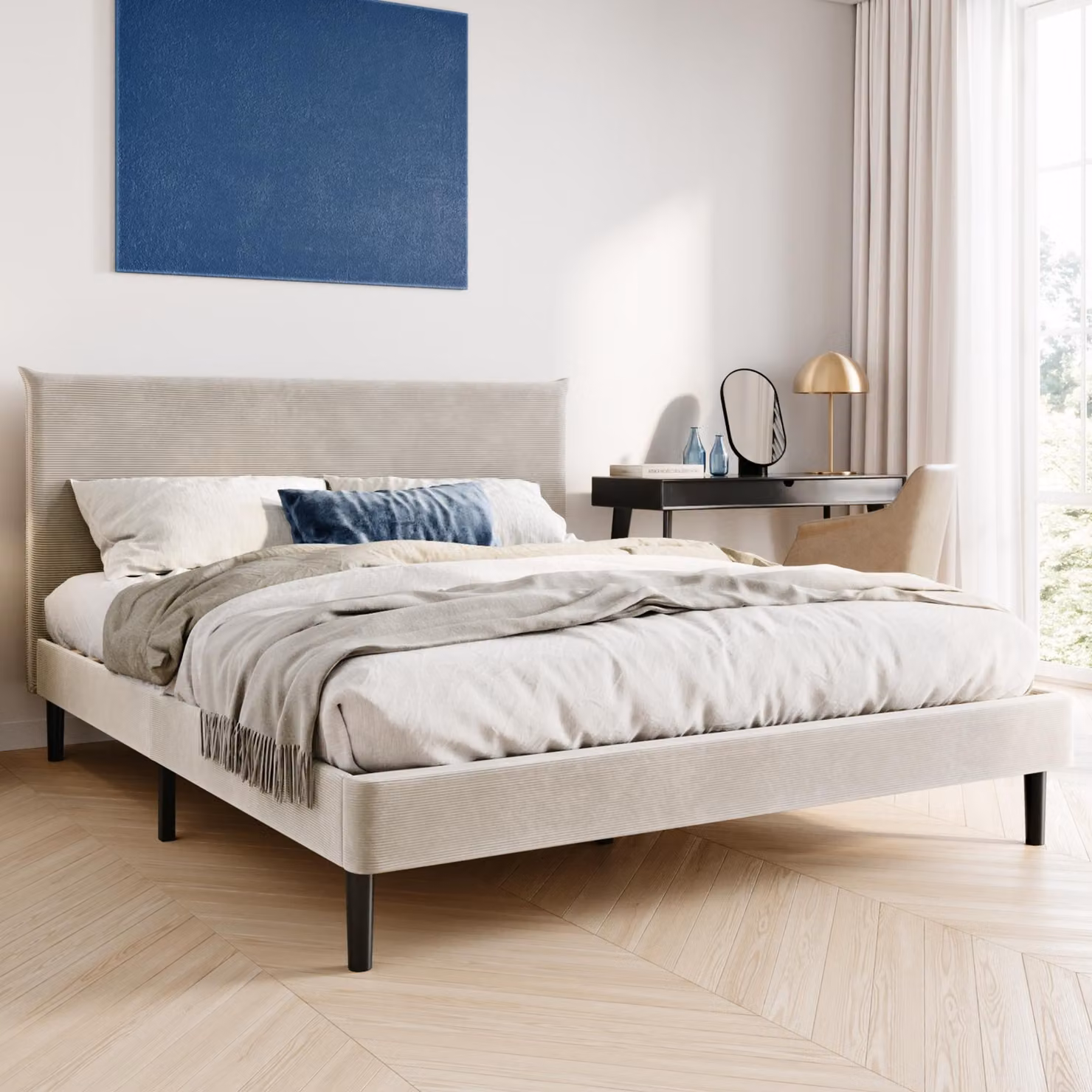 Letto con rete a doghe, letto imbottito, struttura letto 160x200 cm, beige, rivestimento in velluto a coste