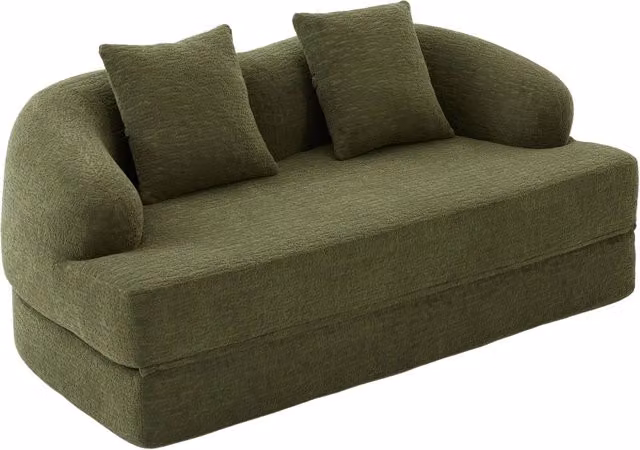 Divano letto 2 posti pieghevole con due cuscini e schienali separati, in ciniglia verde, 157 × 84 × 65 cm