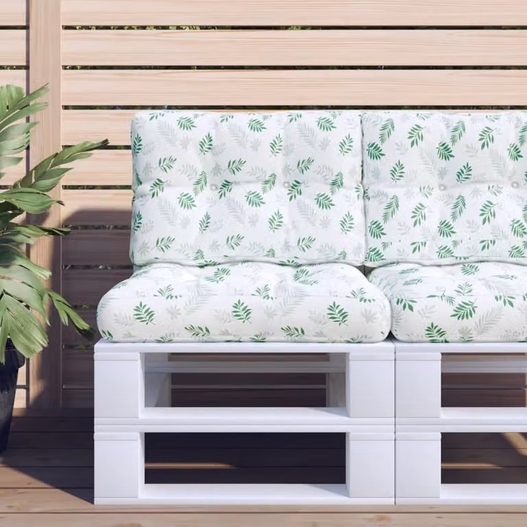 Set di 2 cuscini per pallet vidaXL con motivo a foglie, verde e bianco, in tessuto resistente all'acqua e ai raggi UV