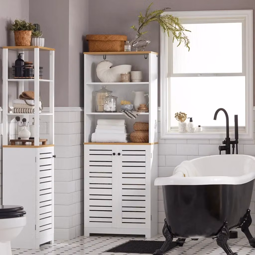 Armadio a colonna SOBUY bianco con ripiani e ante, ideale per cucina, bagno o camera da letto, H 160 x L 59 x P 30 cm – 2