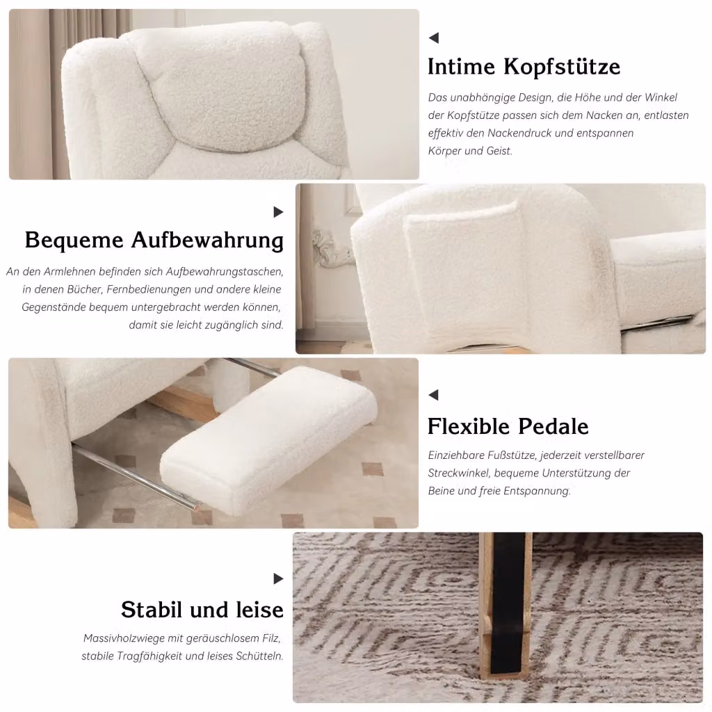 Sedia a dondolo con braccioli REDOM in tessuto bouclé bianco L 125 cm, P 66 cm, H 101 cm – 2