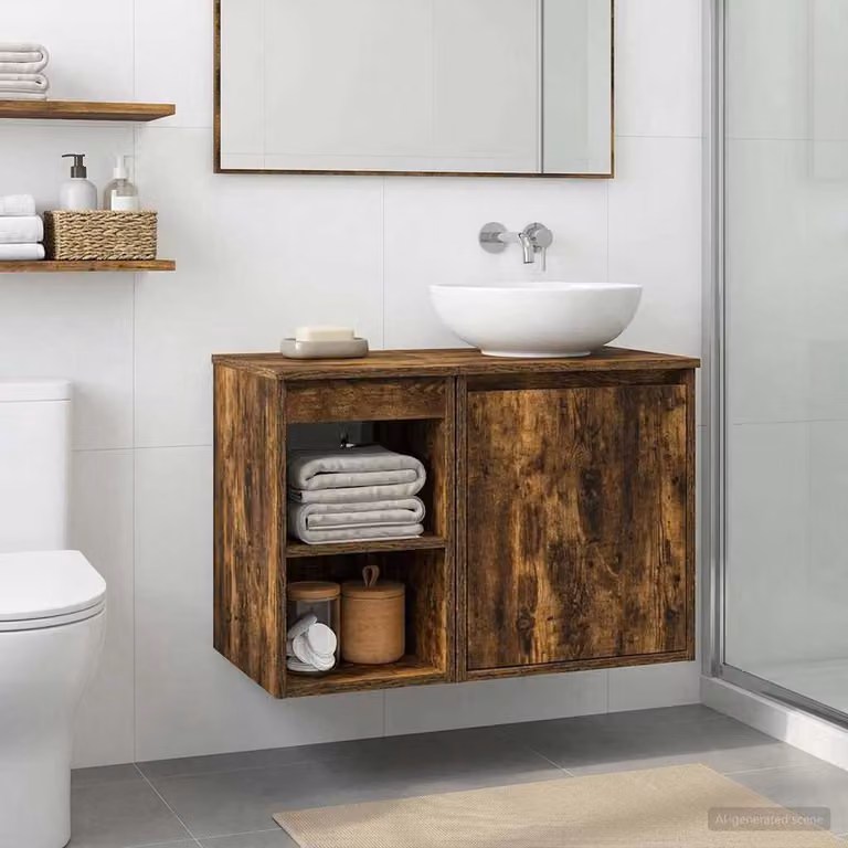 Armadio da bagno moderno vidaXL In-between in rovere fumo con ripiani interni e ante a battente, L: 30 cm, P: 35 cm, H: 50 cm