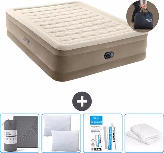 Letto ad aria Intex - 2 persone - 152 x 203 x 46 cm - Beige - Con pompa incorporata, lenzuola antracite, cuscino, federe Molton 2 in 1 e set di riparazione