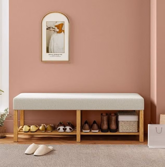 Panca portascarpe ULEVR 140 cm in legno massello di caucci¨´ con seduta imbottita e vano aperto, bianco crema