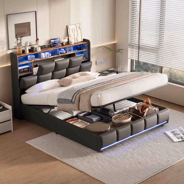 Letto Matrimoniale 140x200 cm; Letto Contenitore Idraulico Imbottito; Luci LED e Porta USB; Struttura Letto in PU; Nero; Senza Materasso
