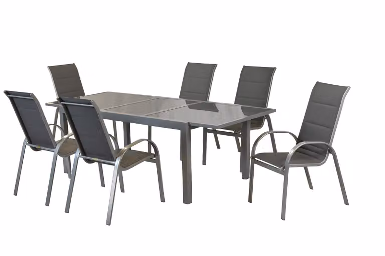 Set di mobili da giardino Merxx Amalfi 7 pezzi, 6 sedie impilabili, 1 tavolo allungabile 140 (200) x 90 cm - alluminio/tessuto