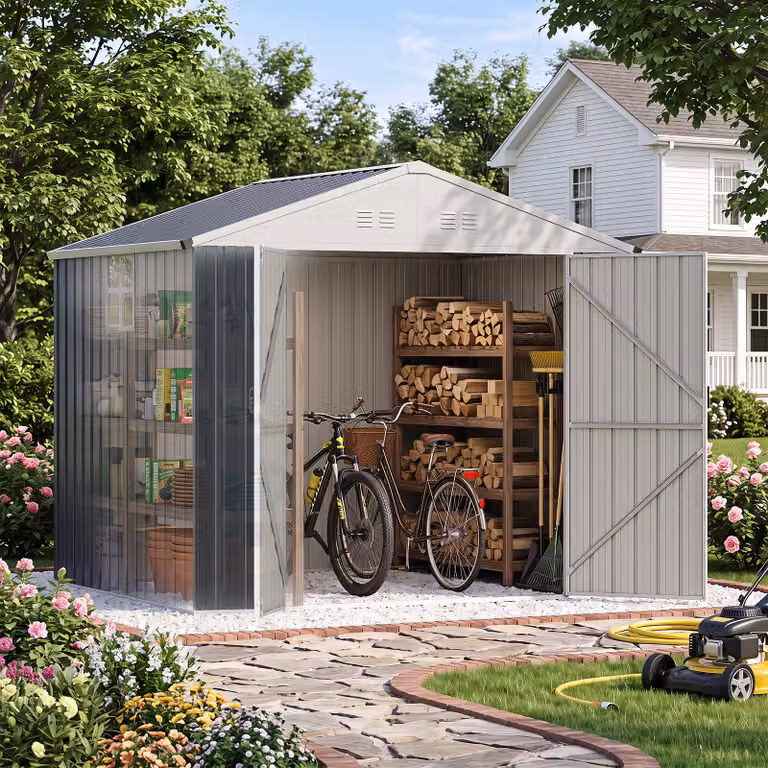 Capanno da giardino Costway in acciaio zincato grigio con tetto spiovente e lucernario, casetta porta attrezzi per cortile e patio