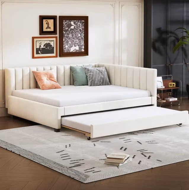 Letto imbottito multifunzionale 140x200 cm con divano letto estraibile e doghe in velluto beige