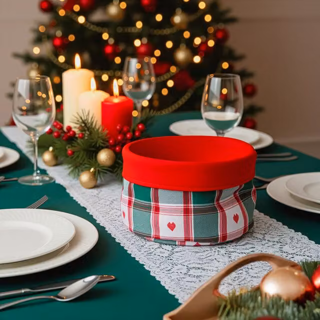 Cestino in tessuto KASANOVA con decoro cuori, colori verde, bianco e rosso, Diametro: 20 cm