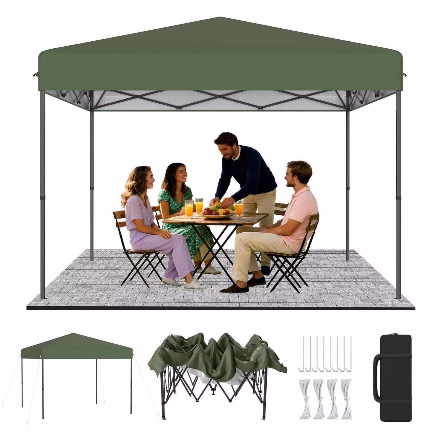Padiglione pop-up verde, dimensioni 3x3 metri, pieghevole, con regolazione dell'altezza da 240 a 260 cm