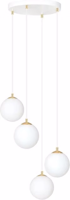 Lampada a sospensione moderna Luceart-Classic Yudi con 4 luci a sfera in vetro bianco e dettagli in metallo bianco o oro/ottone