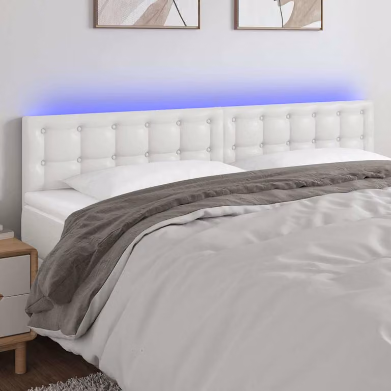 Testiera per letto vidaXL in similpelle bianca con illuminazione LED integrata e porta di ricarica USB, L: 180 cm, P: 5 cm, H: 78-88 cm