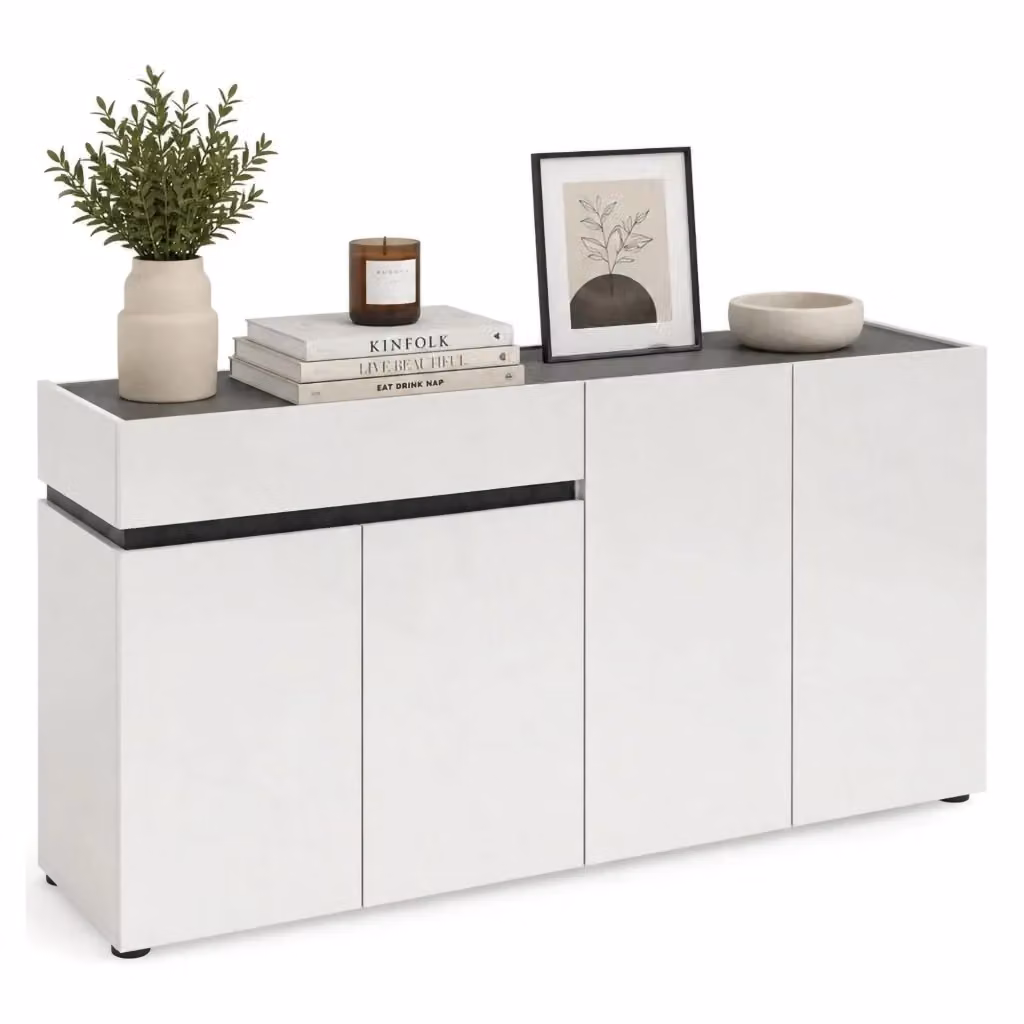 Madia Beinette DMORA con 2 ripiani, design moderno in finitura bianco lucido, L: 160 cm, P: 42 cm, H: 80 cm – 2
