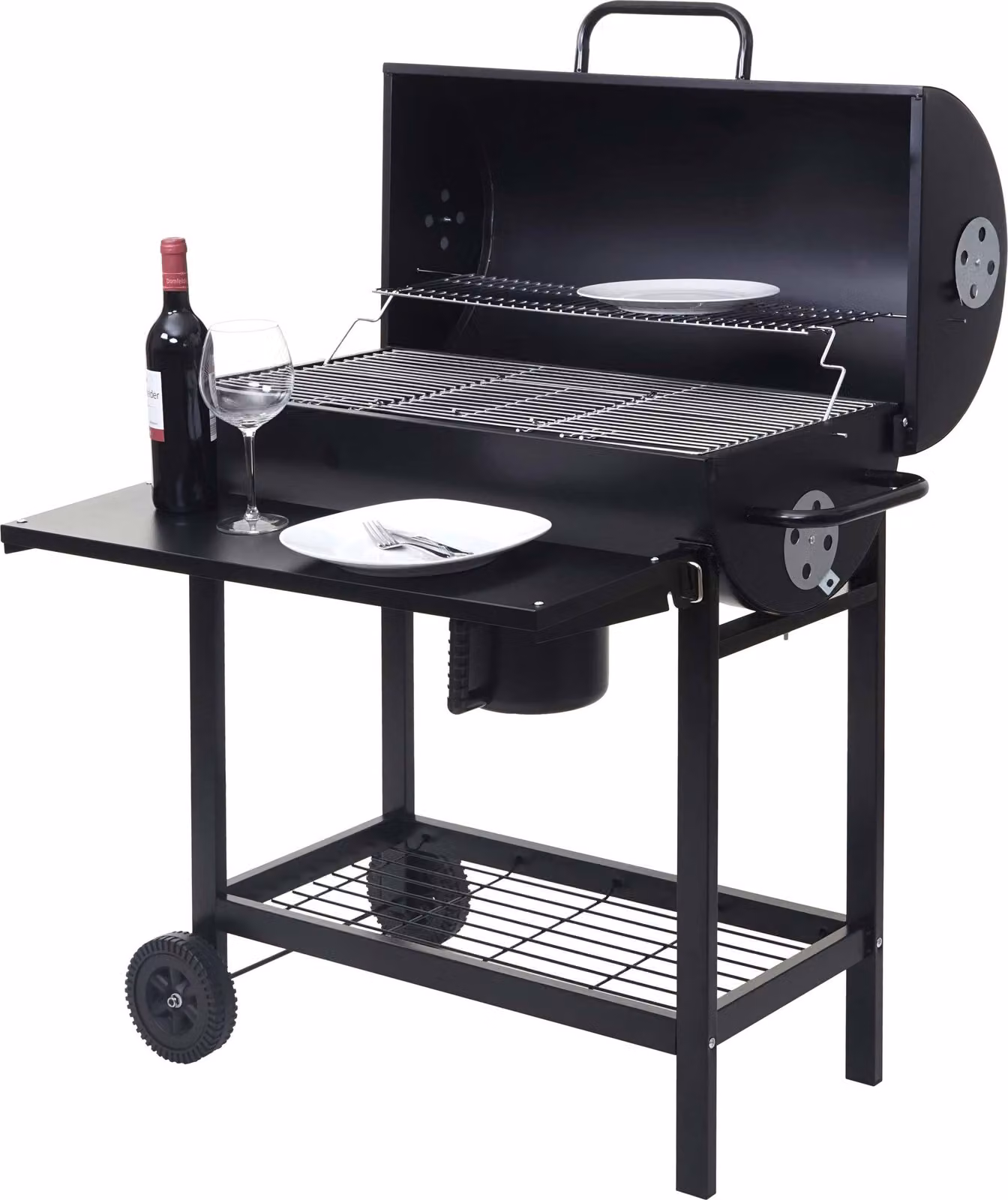 Carrello barbecue MCW-F70, barbecue a carbonella da giardino con coperchio e ripiano, in acciaio, 103x93x70 cm, nero