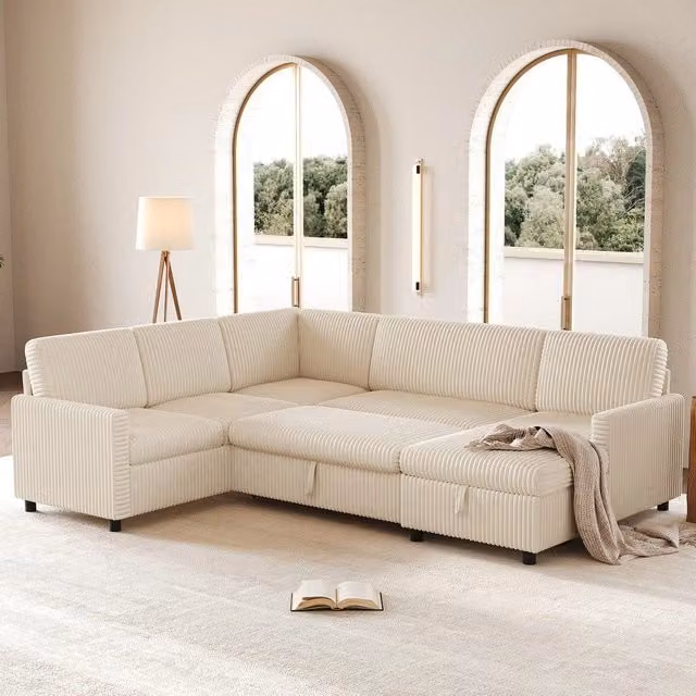 Divano letto angolare a U Minimal beige in tessuto corda con contenitore L/P/H: 220 x 274 x 85 cm