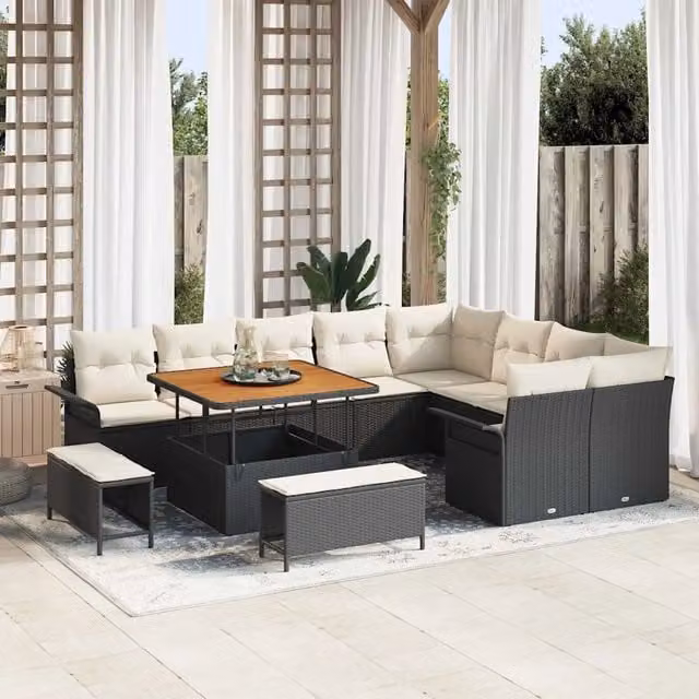 Set Divano da Giardino Moderno vidaXL in Polyrattan e Metallo Nero, 12 Pezzi