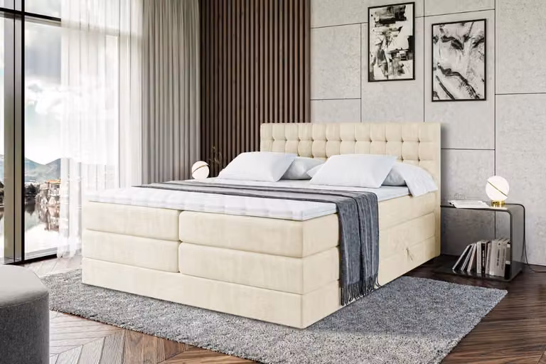 Letto boxspring ALTDECOR con materasso e rete a doghe - VIONE KING - 120x200 cm - Beige Monolith 04 - Topper, letto imbottito con contenitore, letto con contenitore H3 e H4 - Materasso, letto matrimoniale, letto boxspring