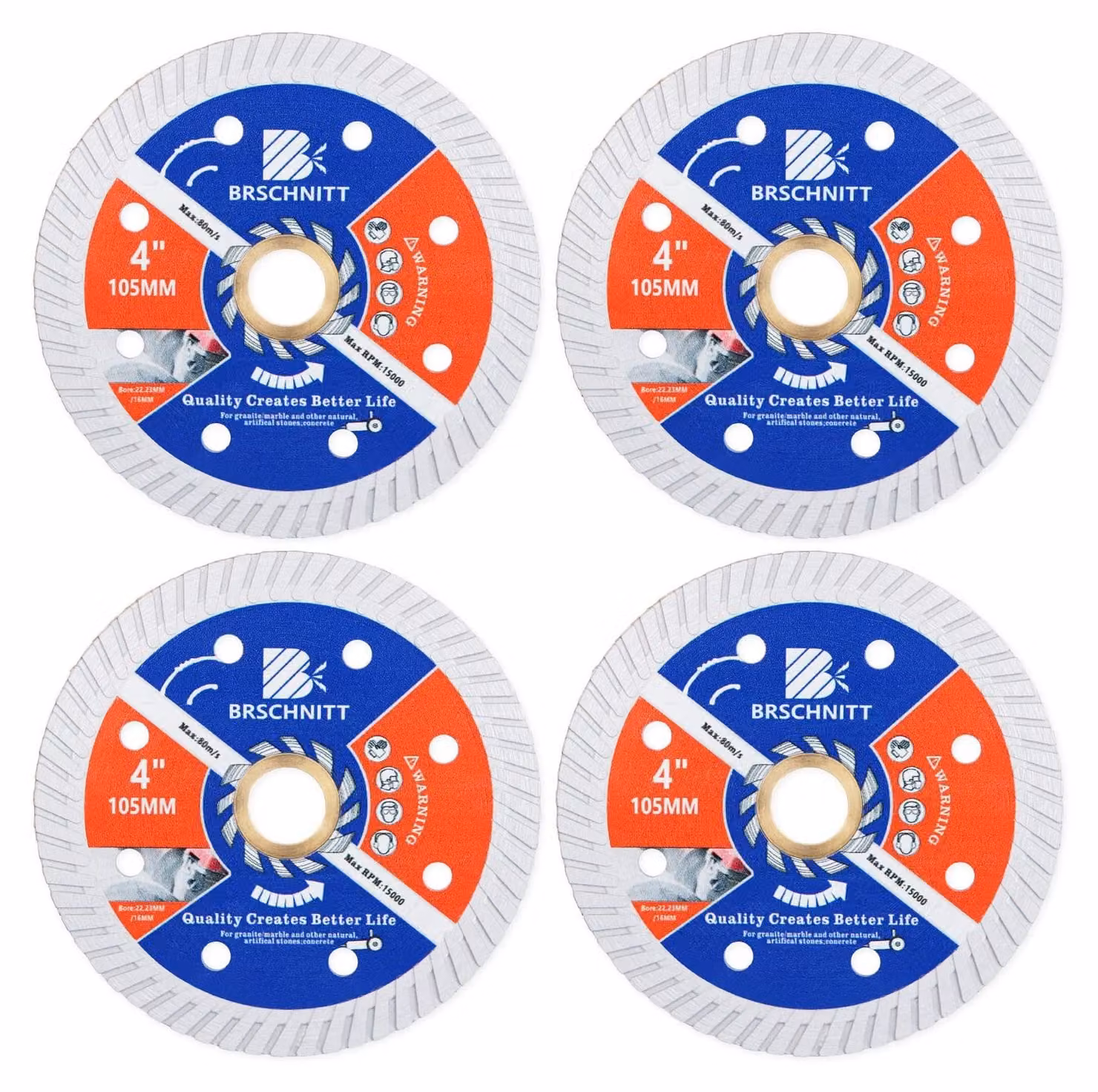 Set di 4 lame diamantate per cemento e pietra, 105 mm