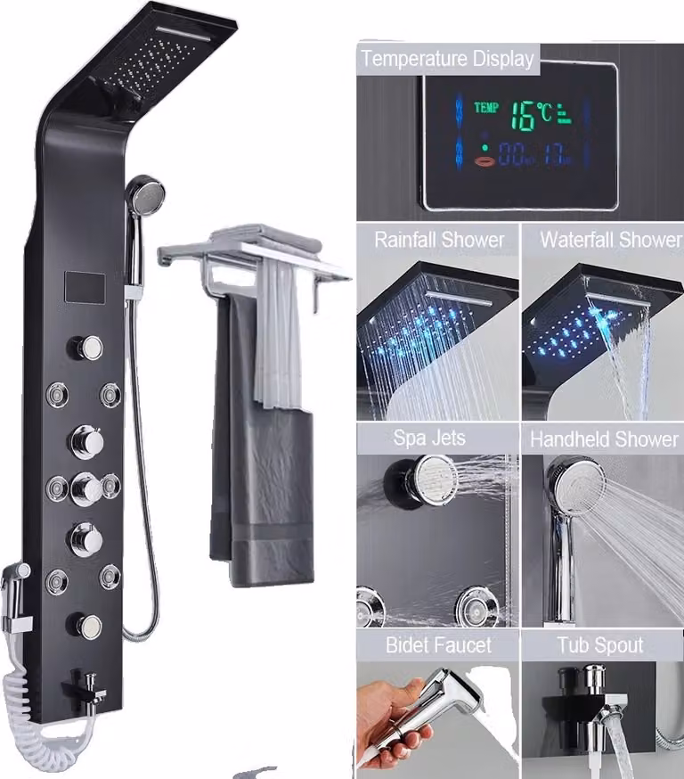 Sistema di pannelli doccia, indicatore LED del flusso d'acqua, triplo comando, 8009 nero