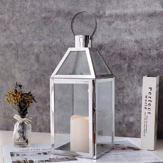 Lanterna sospesa Unyqoos® – Portacandele in acciaio inossidabile e vetro, con anello metallico, argento, per interni ed esterni, ideale per la casa, il giardino e il balcone, dimensioni 14x15x34 cm