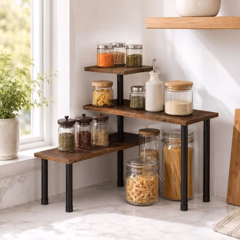 Ripiano per cucina, 3 livelli, piano di lavoro, scaffale angolare, colore marrone