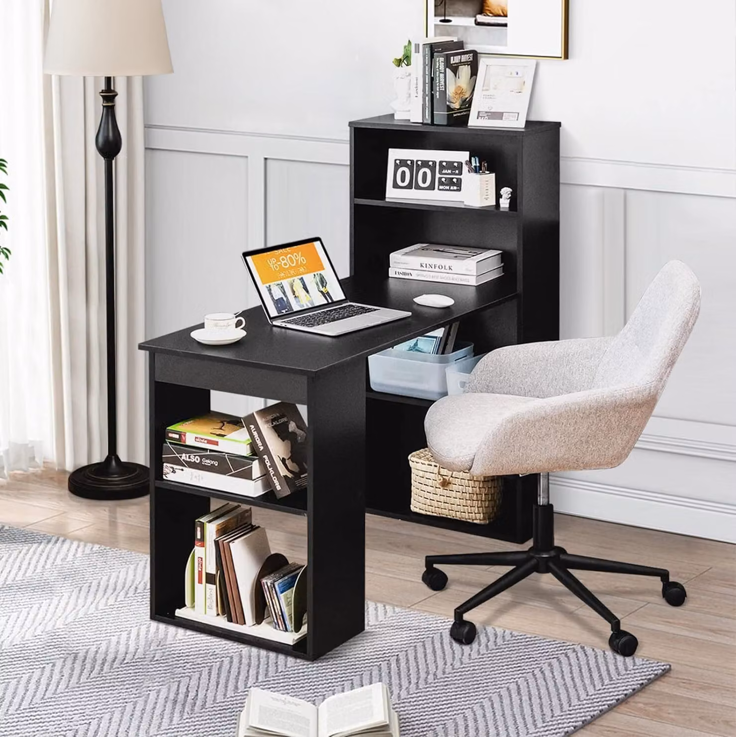 Scrivania con libreria, scrivania per computer, scrivania per PC, scrivania da ufficio con ripiano laterale a destra o a sinistra, scrivania da ufficio con 6 ripiani, scrivania per PC da gaming, scrivania per laptop in legno per l'home office (nera)