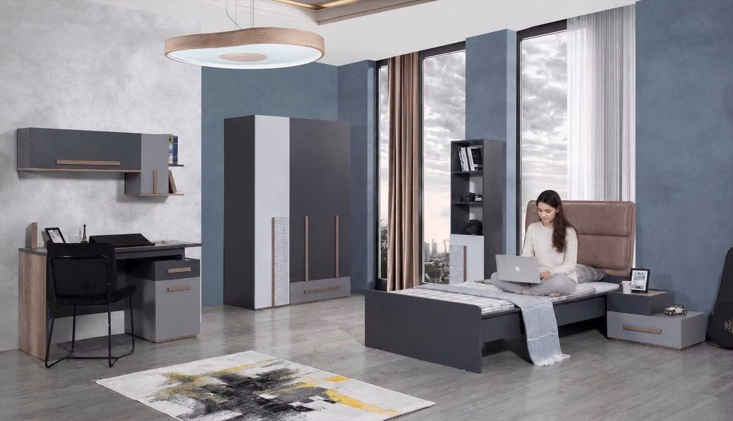 Letto singolo, letto per ragazzi, colore grigio, struttura in legno, testiera imbottita, camera da letto