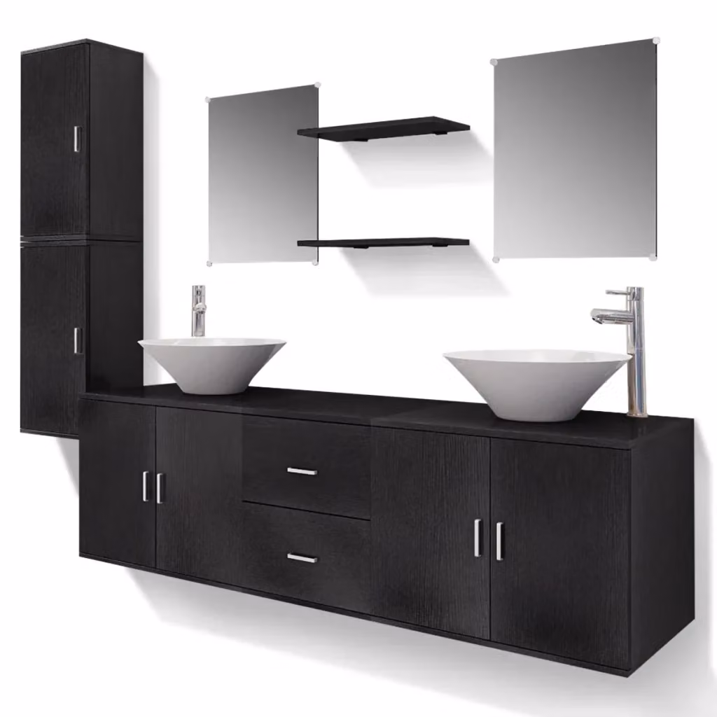 Set di mobili da bagno moderno vidaXL composto da 11 pezzi con armadietto a muro e mobile lavabo in nero, bianco e argento – 2