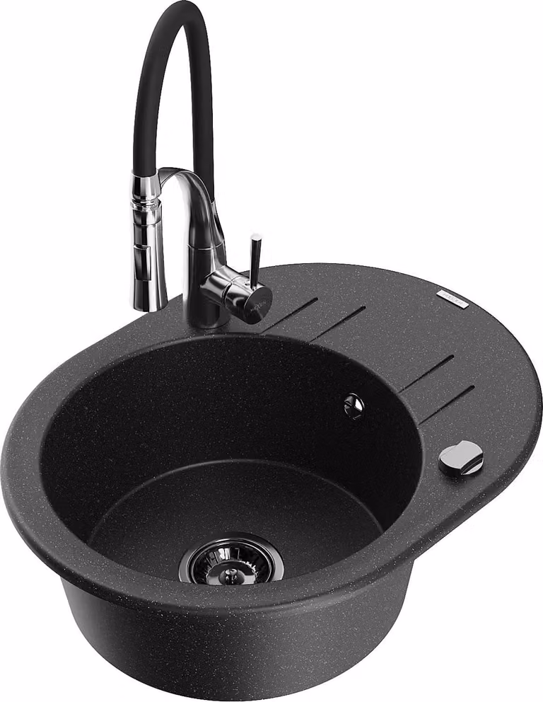 Mexen Kevin lavello in granito a 1 vasca con scolapiatti e rubinetto da cucina Aster, nero/argento metallizzato