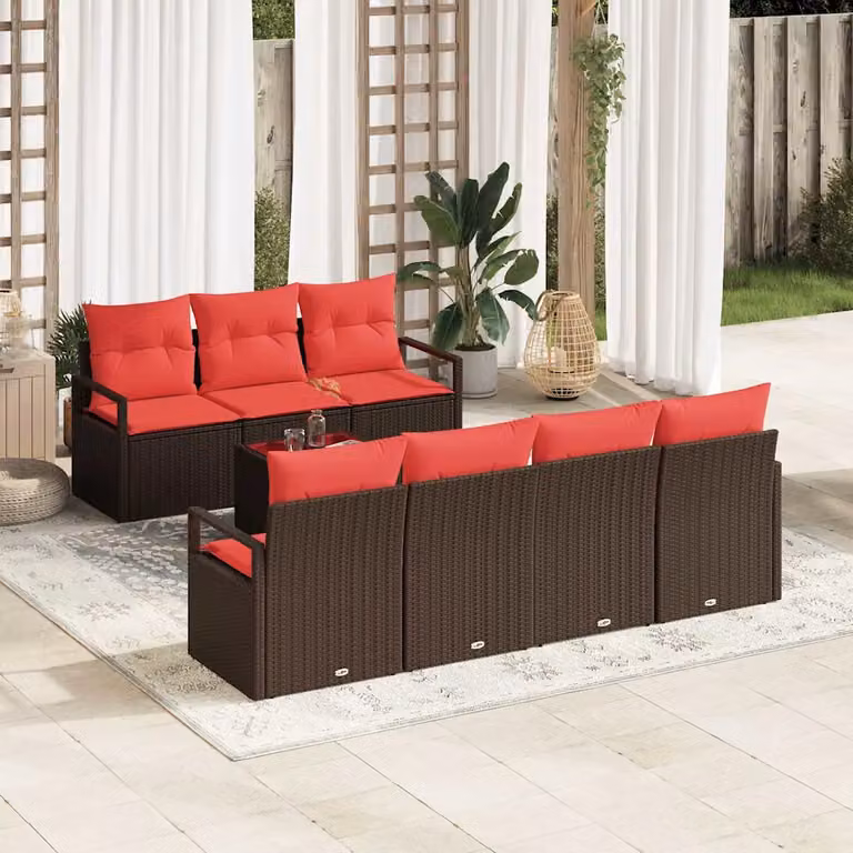 Set di divani da giardino vidaXL a forma di U con 8 posti, colore marrone e rosso, in rattan e metallo con cuscini inclusi