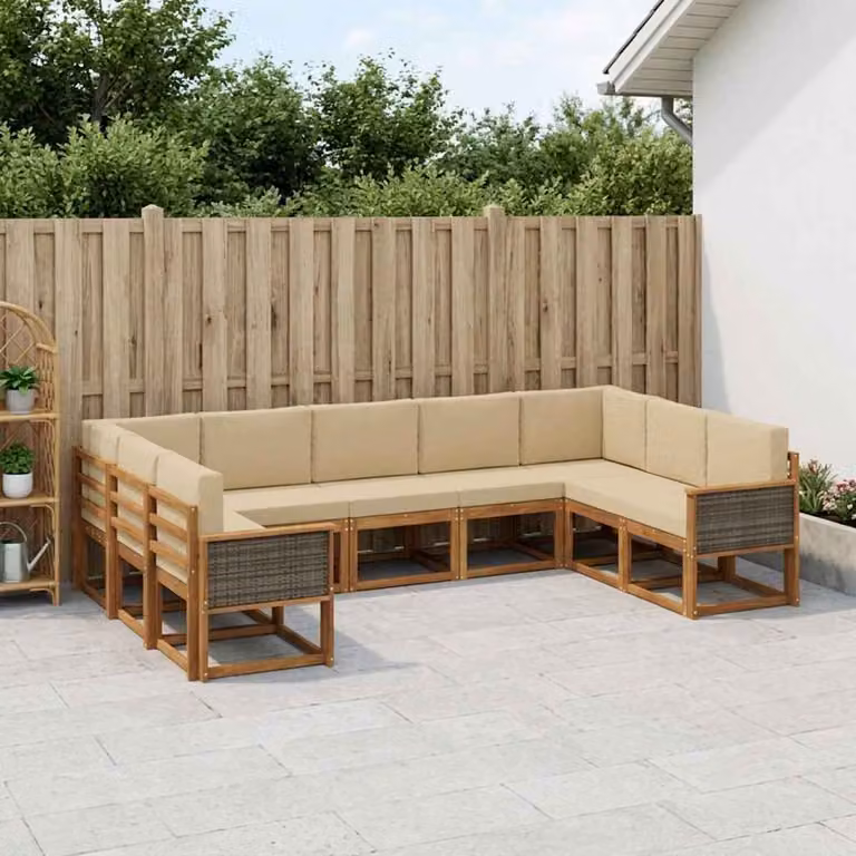 vidaXL Set di divani da giardino a L in legno di acacia con cuscini, 9 pezzi, Beige e Marrone