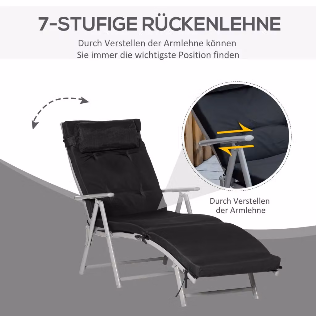 Sdraio Pieghevole OKWISH in Metallo Nero con Poggiatesta Regolabile per Esterni, Giardino e Balcone – 2