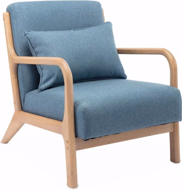 Poltrona scandinava in legno e tessuto con braccioli, blu