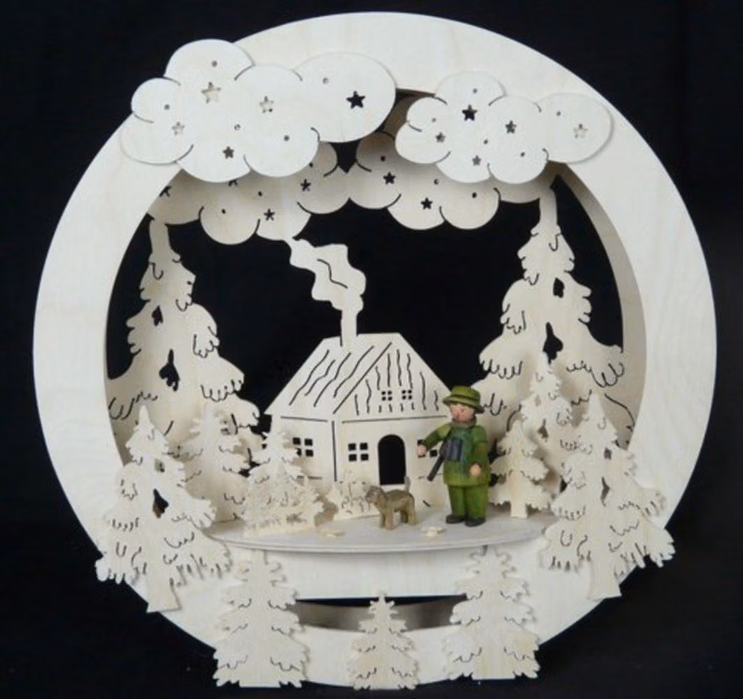 Pannello decorativo per finestre con immagine della casa "Jäger" e illuminazione. Dimensioni: 32x32x4 cm. Nuovo