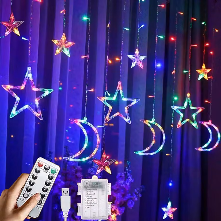 Catena luminosa a LED, motivo stelle e luna, 3,5 metri, 8 modalità, per uso interno