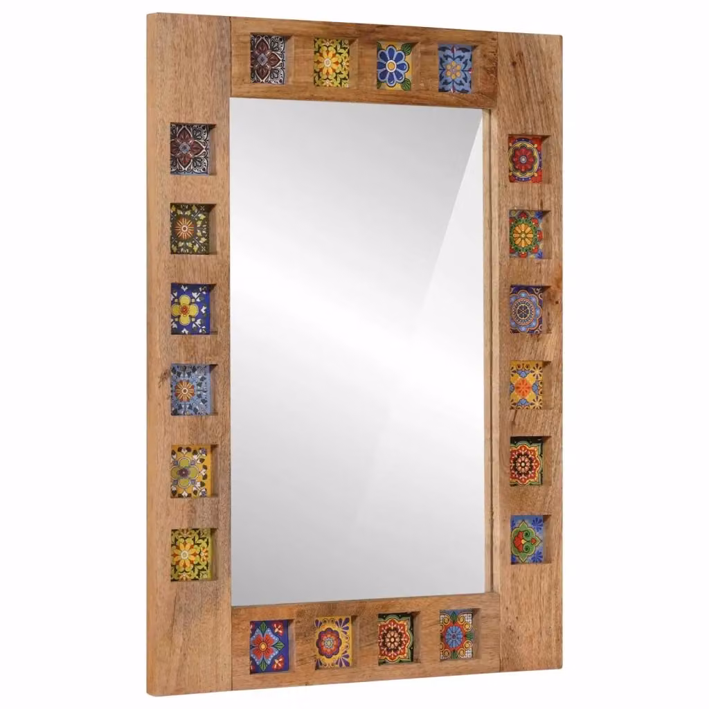 Specchio da bagno moderno DESIGN IN con cornice in legno beige e decorazione floreale, L: 50 cm, H: 70 cm, P: 2,5 cm – 2