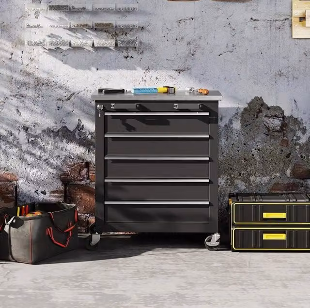 Carrello portautensili ULEVR con 5 cassetti, piano in acciaio inox 1 mm, ruote con freno, nero
