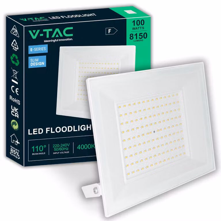 Proiettore LED V-TAC da esterno, 100W, bianco – [Serie E – Alta potenza, basso consumo] – Design super resistente – 8150 lumen – Grado di protezione IP65 – Faro per casa, garage e magazzino – Lampada da esterno – Bianco neutro 4000K