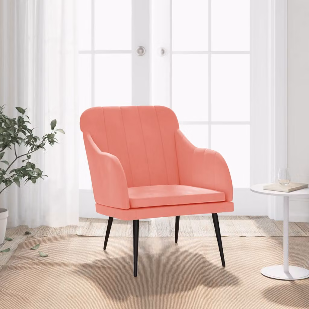 Poltrona relax moderna vidaXL in velluto rosa con braccioli e struttura in metallo L 63 cm x P 76 cm x H 80 cm