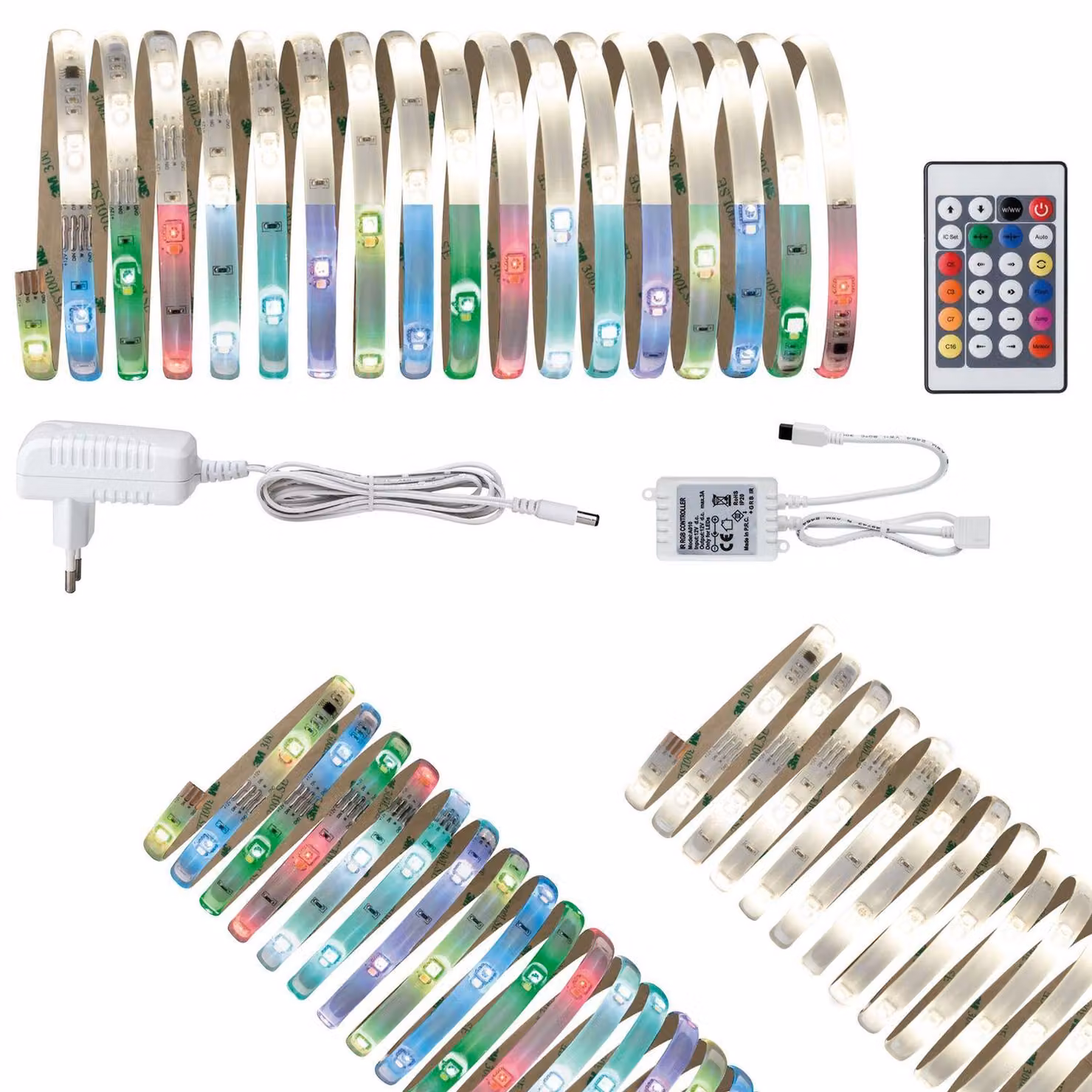 Set di strisce LED Paulmann, cambio colore, 4,8 metri, RGB + bianco caldo, 18,8W, 230/12V, 12V. Catena luminosa con telecomando, flessibile, ideale per la camera da letto o la TV